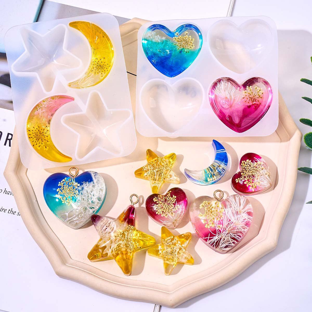 Resin Art Heart - ハートスタームーンペンダントシリコンモールド DIY エポキシ樹脂ジュエリー鋳造金型ネックレスモールドキーホルダー工芸品作成用品