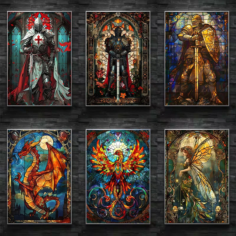 Resin Art Wall - ファンタジーステンドグラスポスタープリントゴールデンナイトスカルドラゴンフェニックスダイヤモンド絵画壁アート写真リビングルームホームデコ