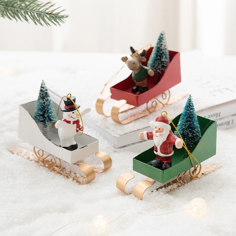 Xmas Resin Art - 北欧風クリスマスツリー用スレッドペンダント 鉄製アート 素朴なそり型ハンギングオーナメント ミニクリスマスフィギュア飾り 新年