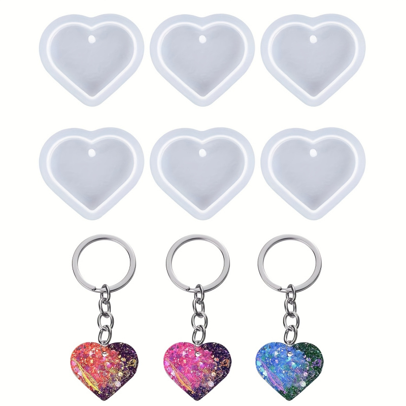 Resin Art Heart - 6個のハート型樹脂型セット、ハート型キーホルダーシリコン型、DIYジュエリー作り用の穴付きかわいいハート型型