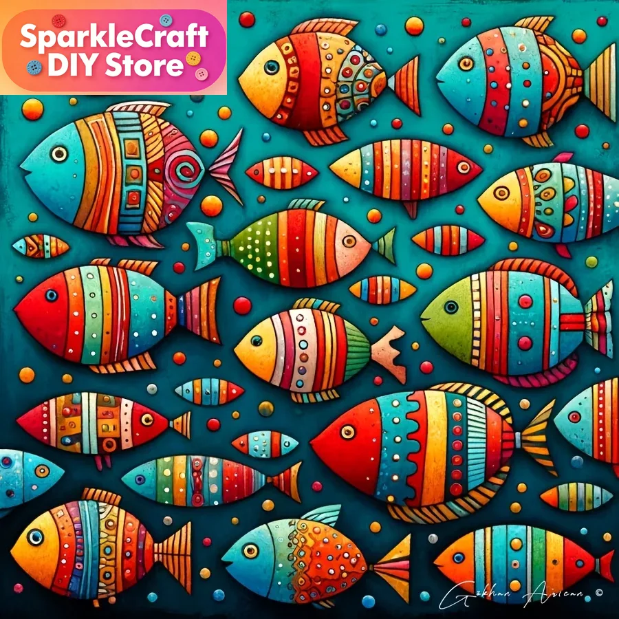 Resin Art Wall - カラフルで幻想的な魚の群れ5Dダイヤモンドペインティングキット、フォークアート、ティールカラーの壁飾り、自宅やオフィス用