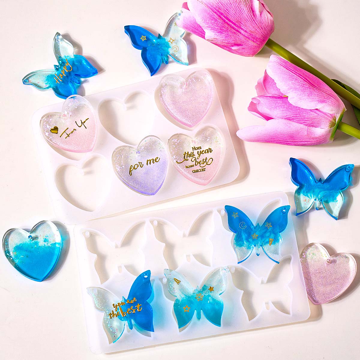 6穴付きイヤリングシリコンモールドDIYハート蝶形エポキシ樹 - Resin Art Heart のレビューと価格
